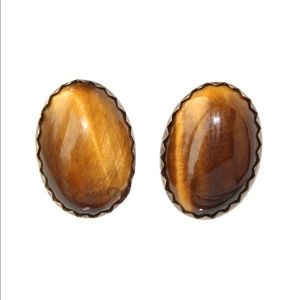 Vintage Tiger’s Eye Sterling Silver Stud Earrings Oval Cabochon Sawtooth Studs